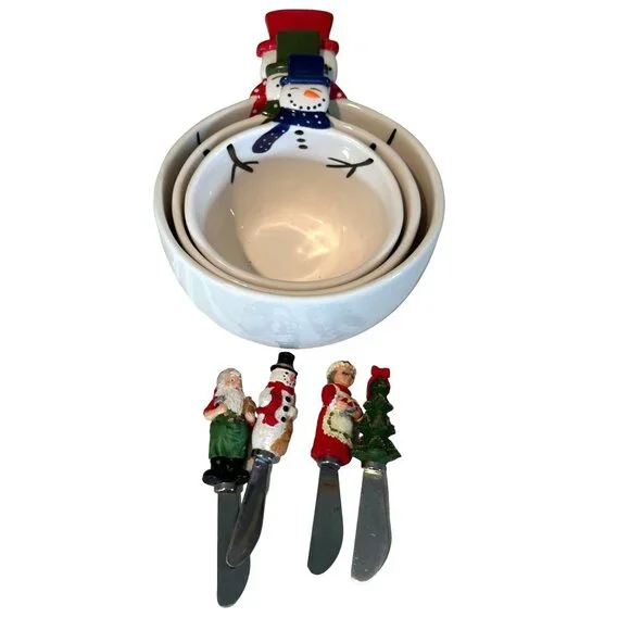 Nesting Snowmen Bowls Ceramic Holiday Spreaders Set Christmas Tree Santa Party - Picture 1 of 11